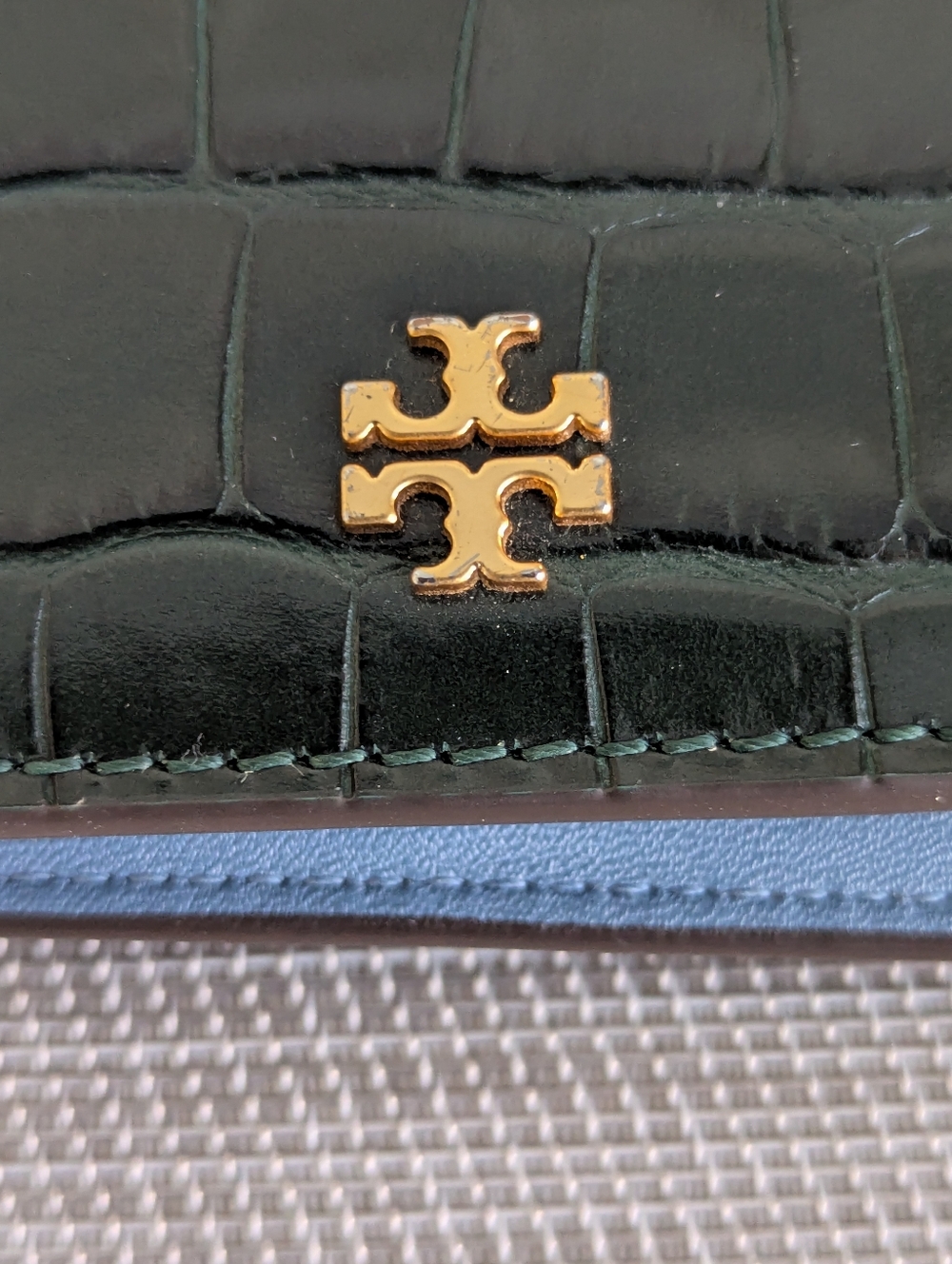 Tory Burch Blake Croc Embossed Leather Mini Wallet 4.5” Snap Deep Kelp Jacquard - Picture 14 of 15